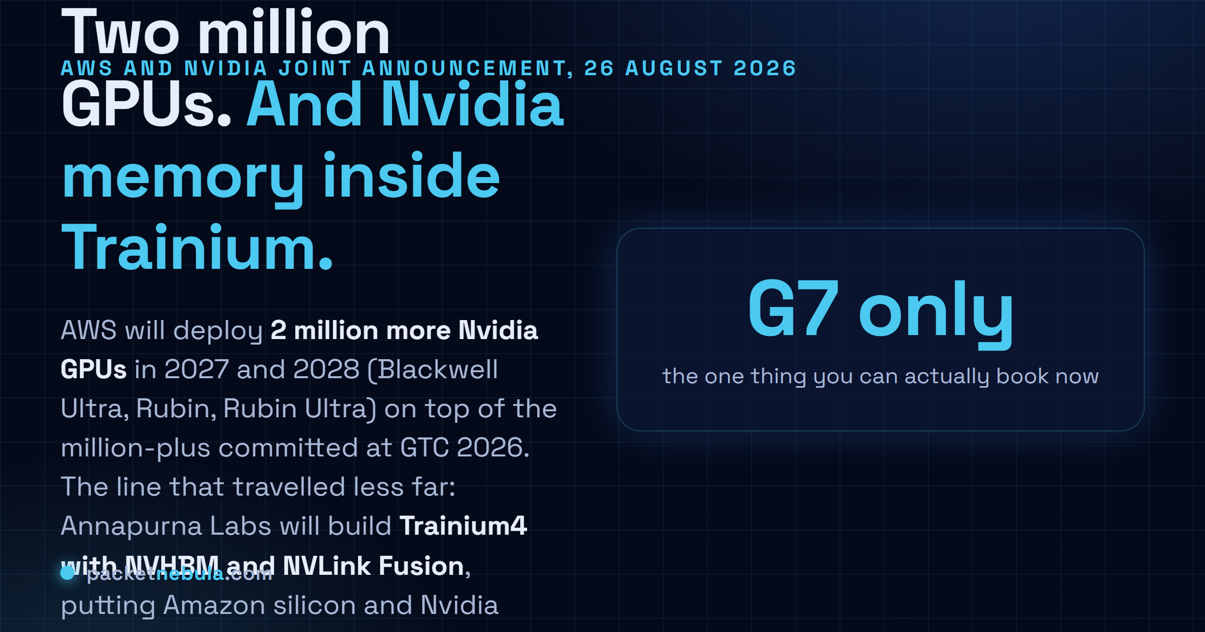 Answer card stating that AWS and Nvidia announced on 26 August 2026 that AWS will deploy two million additional Nvidia GPUs across 2027 and 2028 covering Blackwell Ultra, Rubin and Rubin Ultra, and that Annapurna Labs will build next-generation Trainium starting with Trainium4 using Nvidia NVHBM memory and NVLink Fusion so Trainium and Nvidia GPUs share a rack scale architecture.