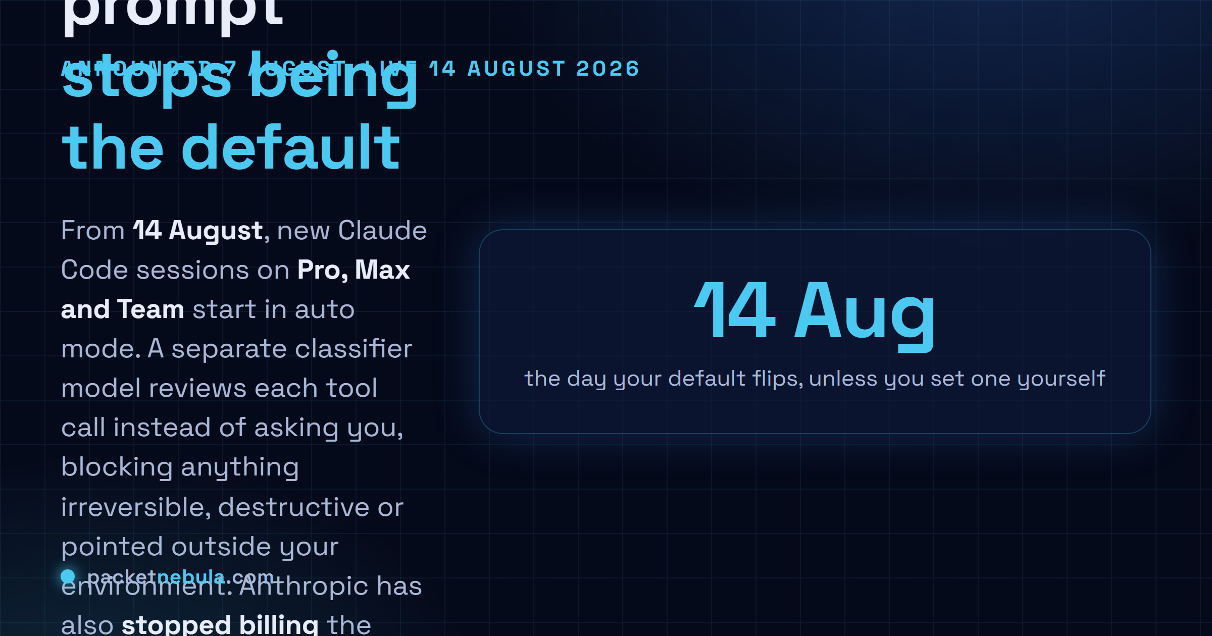 Answer card: Anthropic announced on 7 August 2026 that from 14 August auto mode becomes the default permission mode for new Claude Code sessions on Pro, Max and Team plans, replacing the per action approval prompt with a separate classifier model that reviews each tool call, with the classifier overhead no longer billed on those three plans while Enterprise and API accounts keep paying.