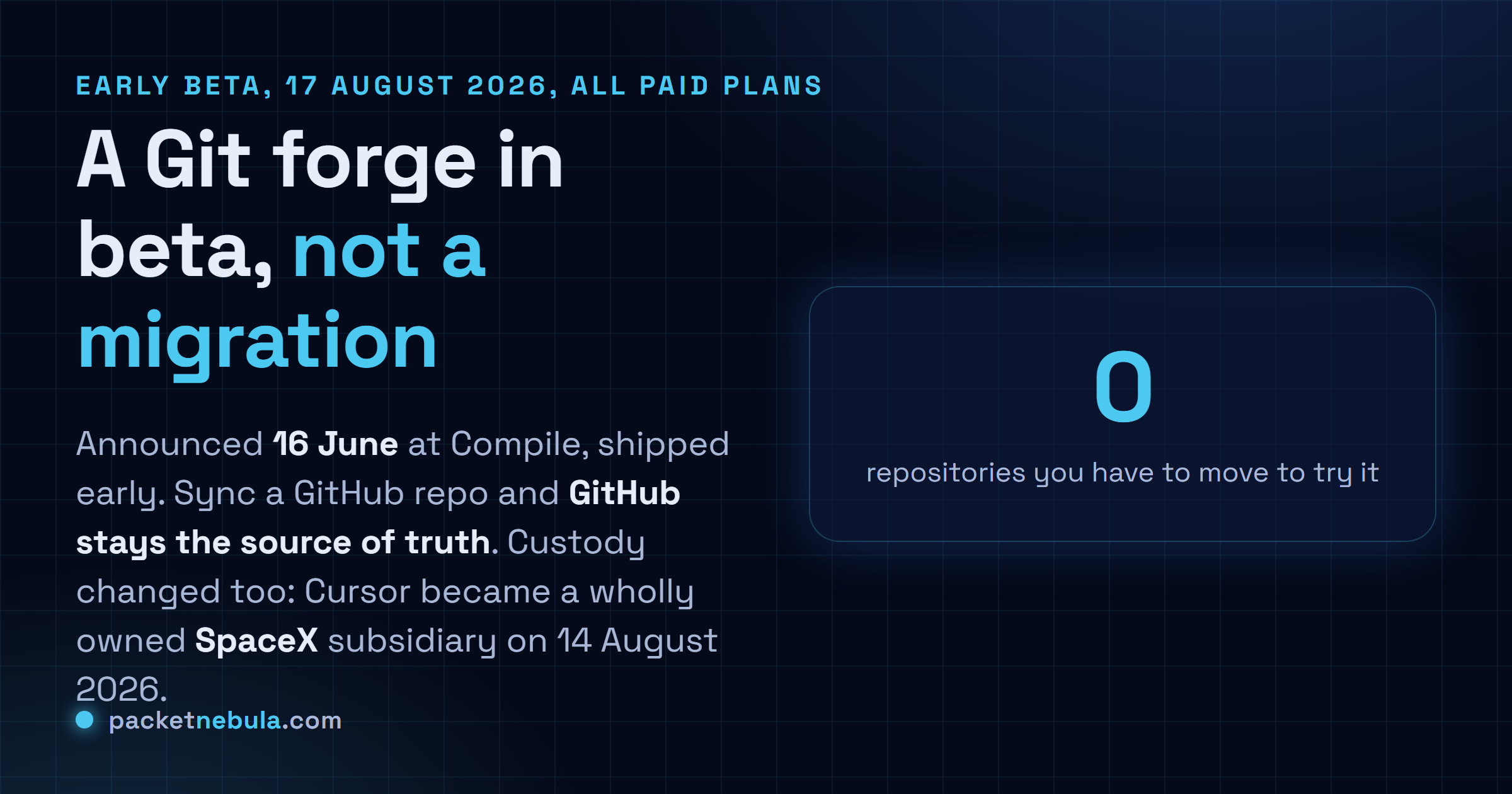 Answer card: Cursor Origin reached early beta on all paid plans on 17 August 2026, having been announced on 16 June 2026 at the Compile conference, with GitHub remaining the source of truth for any repository you sync, and Cursor becoming a wholly owned SpaceX subsidiary on 14 August 2026.