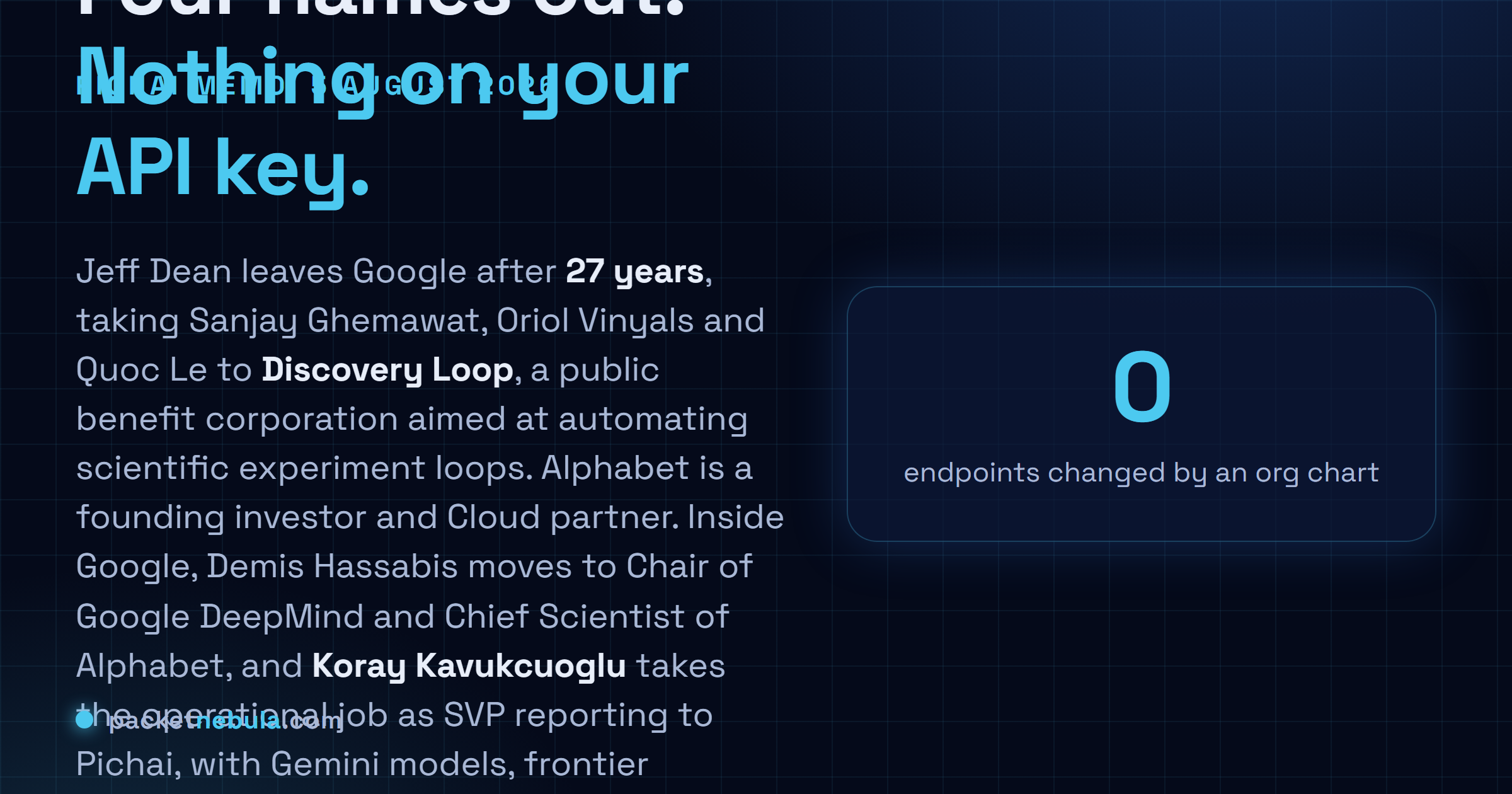 Answer card: on 5 August 2026 Demis Hassabis became Chair of Google DeepMind and Chief Scientist of Alphabet, Koray Kavukcuoglu became SVP reporting to Sundar Pichai over models and the Gemini app and developer teams, and Chief Scientist Jeff Dean left after 27 years with three colleagues to found Discovery Loop.