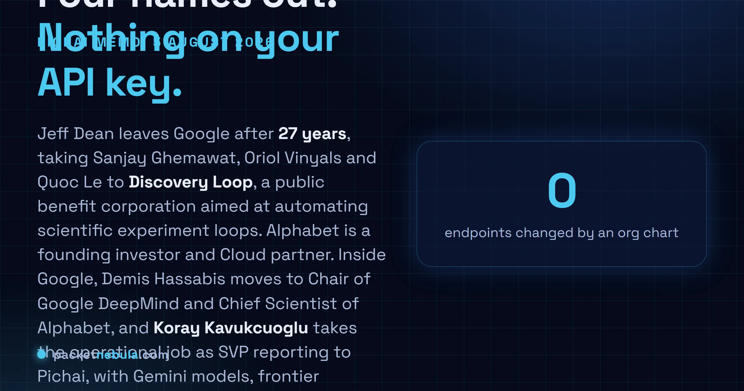 Answer card: on 5 August 2026 Demis Hassabis became Chair of Google DeepMind and Chief Scientist of Alphabet, Koray Kavukcuoglu became SVP reporting to Sundar Pichai over models and the Gemini app and developer teams, and Chief Scientist Jeff Dean left after 27 years with three colleagues to found Discovery Loop.