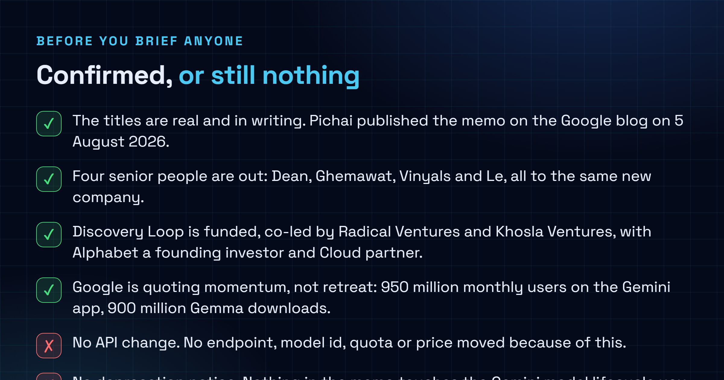Checklist separating what is confirmed about the 5 August 2026 Google DeepMind reorganisation, such as the published memo, the four departures and the Discovery Loop funding, from what has not been announced, such as any API change, deprecation notice, roadmap commitment or replacement for Oriol Vinyals.