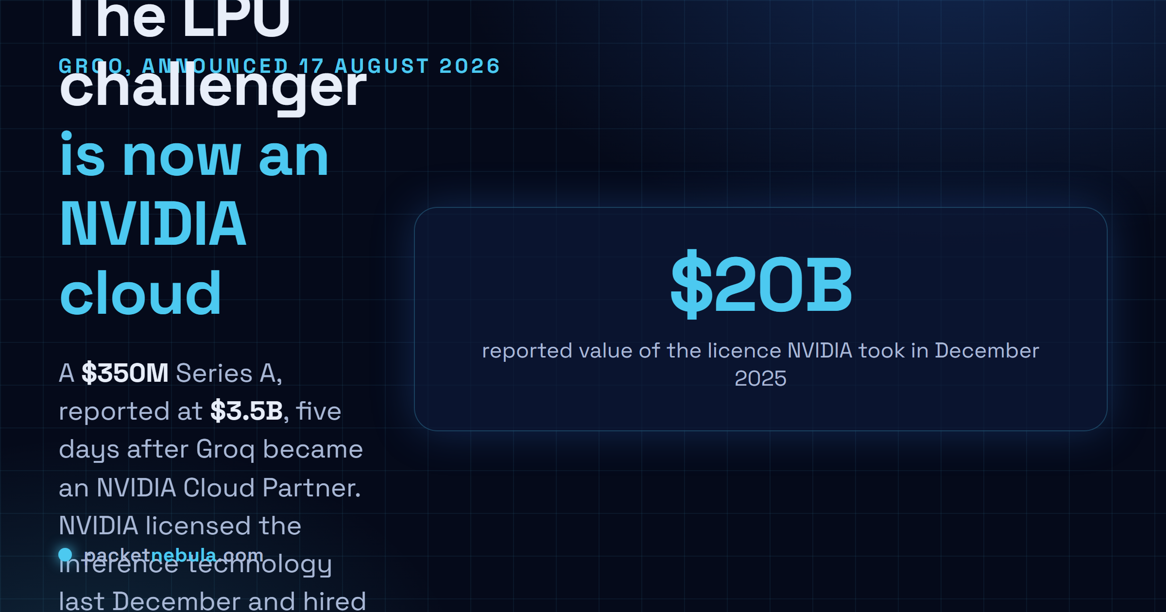 Answer card: on 17 August 2026 Groq closed a 350 million dollar Series A led by Disruptive, reported at a 3.5 billion dollar valuation, with Nvidia planning to participate, five days after Groq joined the Nvidia Cloud Partner programme and eight months after Nvidia licensed Groq inference technology and hired its founder.