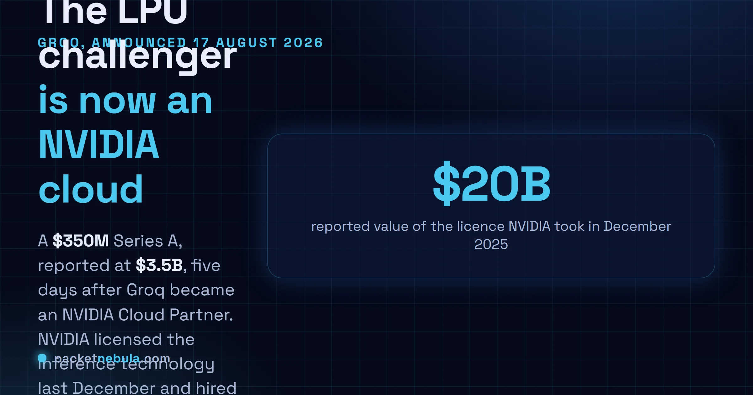Answer card summarising Groq's $350 million Series A of 17 August 2026, reported at a $3.5 billion valuation, led by Disruptive with Nvidia planning to participate, five days after Groq became an Nvidia Cloud Partner.