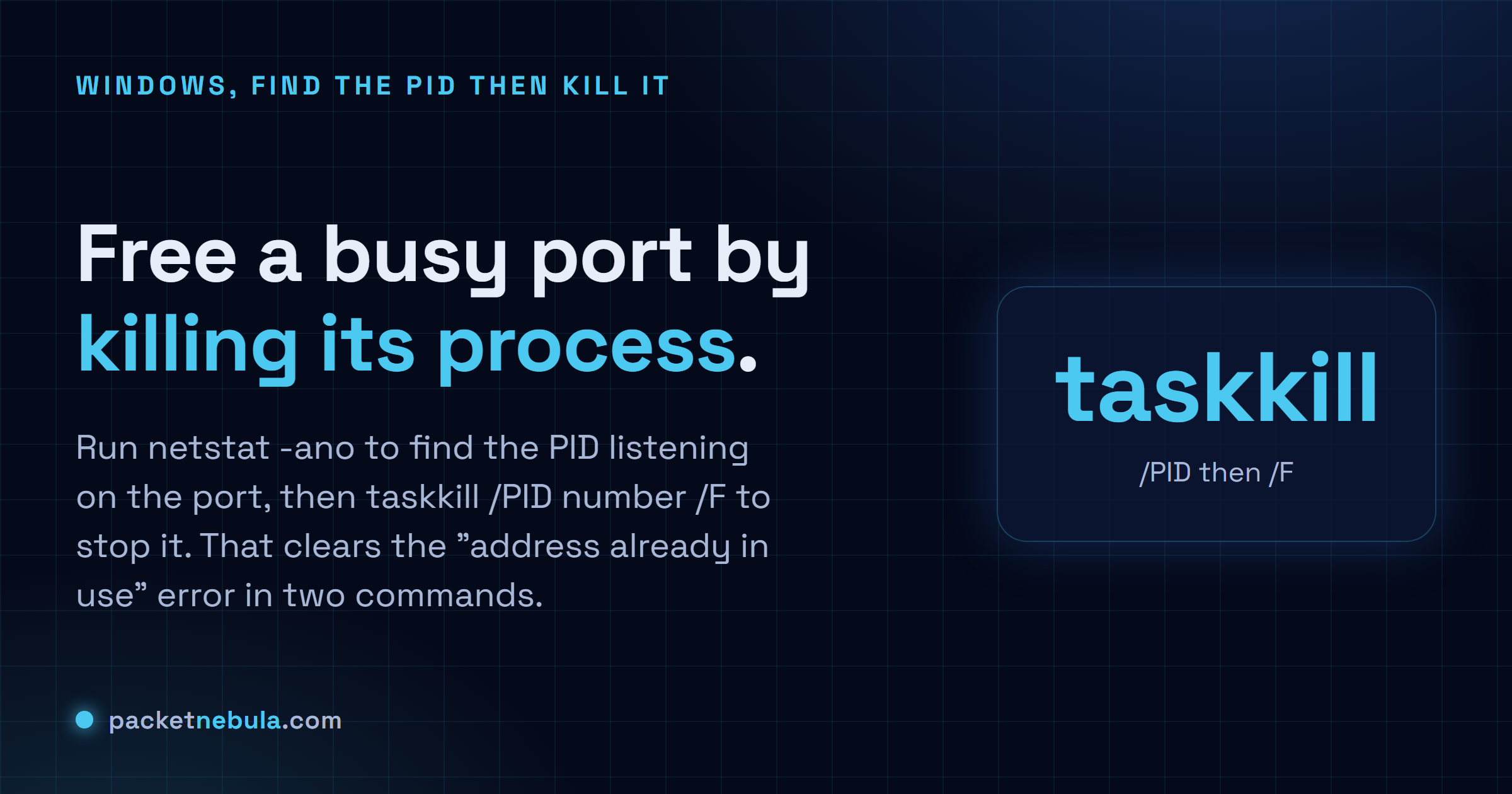 Answer card showing netstat -ano to find the PID on a port, then taskkill to free it, on Windows.