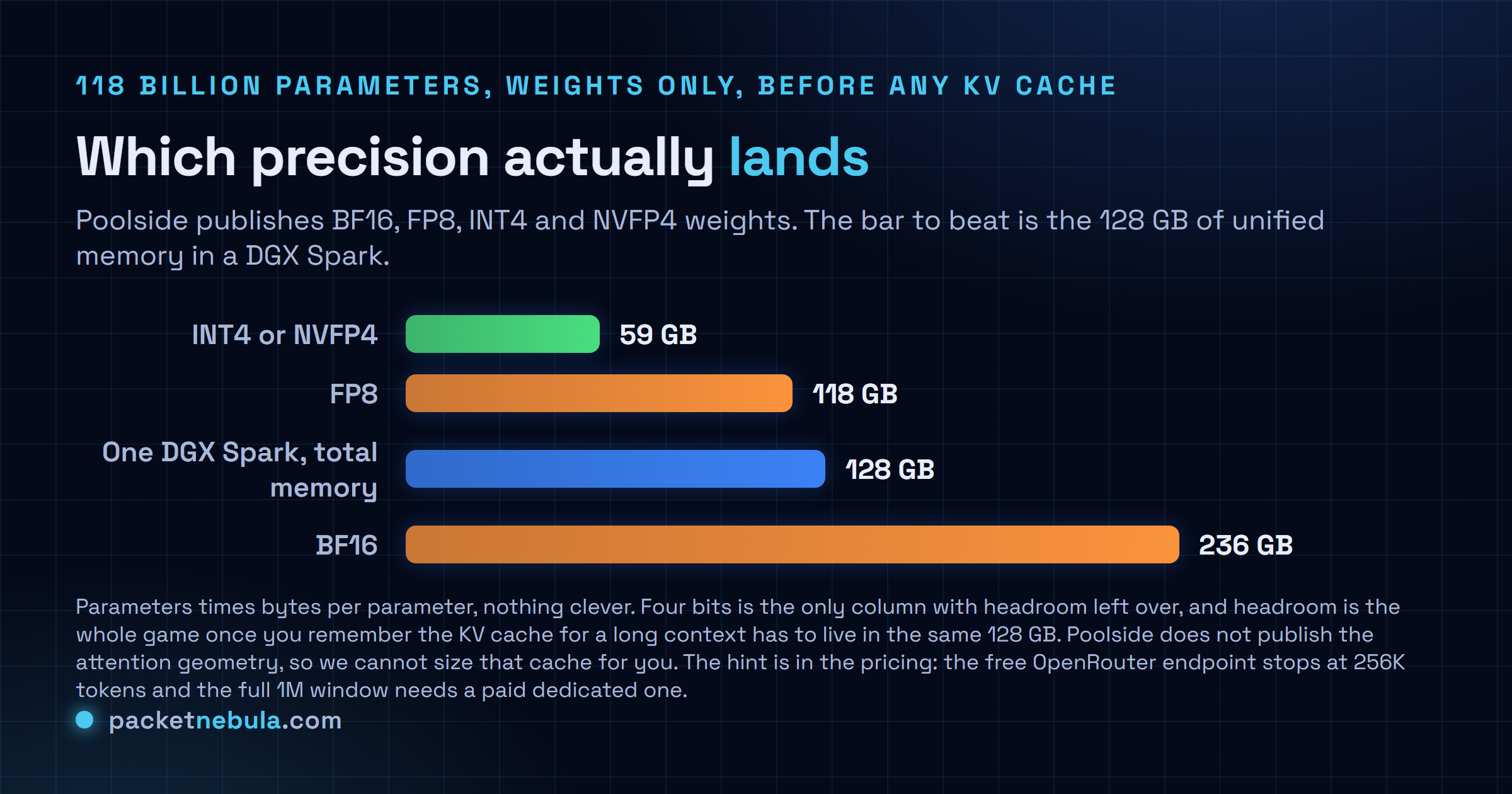 Comparison of Laguna S 2.1 weight footprints by precision, 59 GB at INT4 or NVFP4, 118 GB at FP8 and 236 GB at BF16, against the 128 GB of unified memory in a DGX Spark.