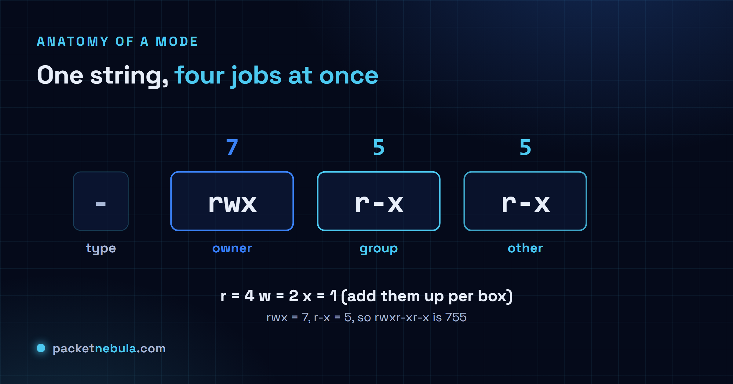 Diagram breaking rwxr-xr-x into a type character plus three triads (owner, group, other), each showing read, write and execute, with the octal value 755 underneath.