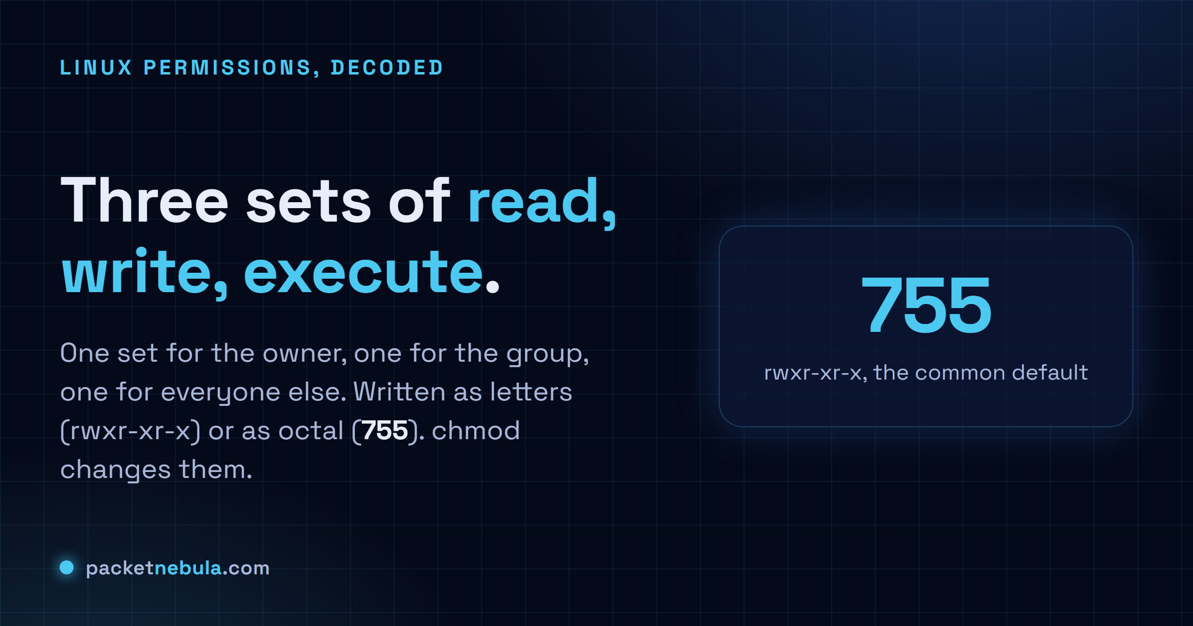 Answer card: a file's permissions are three sets of read, write and execute for owner, group and other, written as rwxr-xr-x or as the octal number 755.