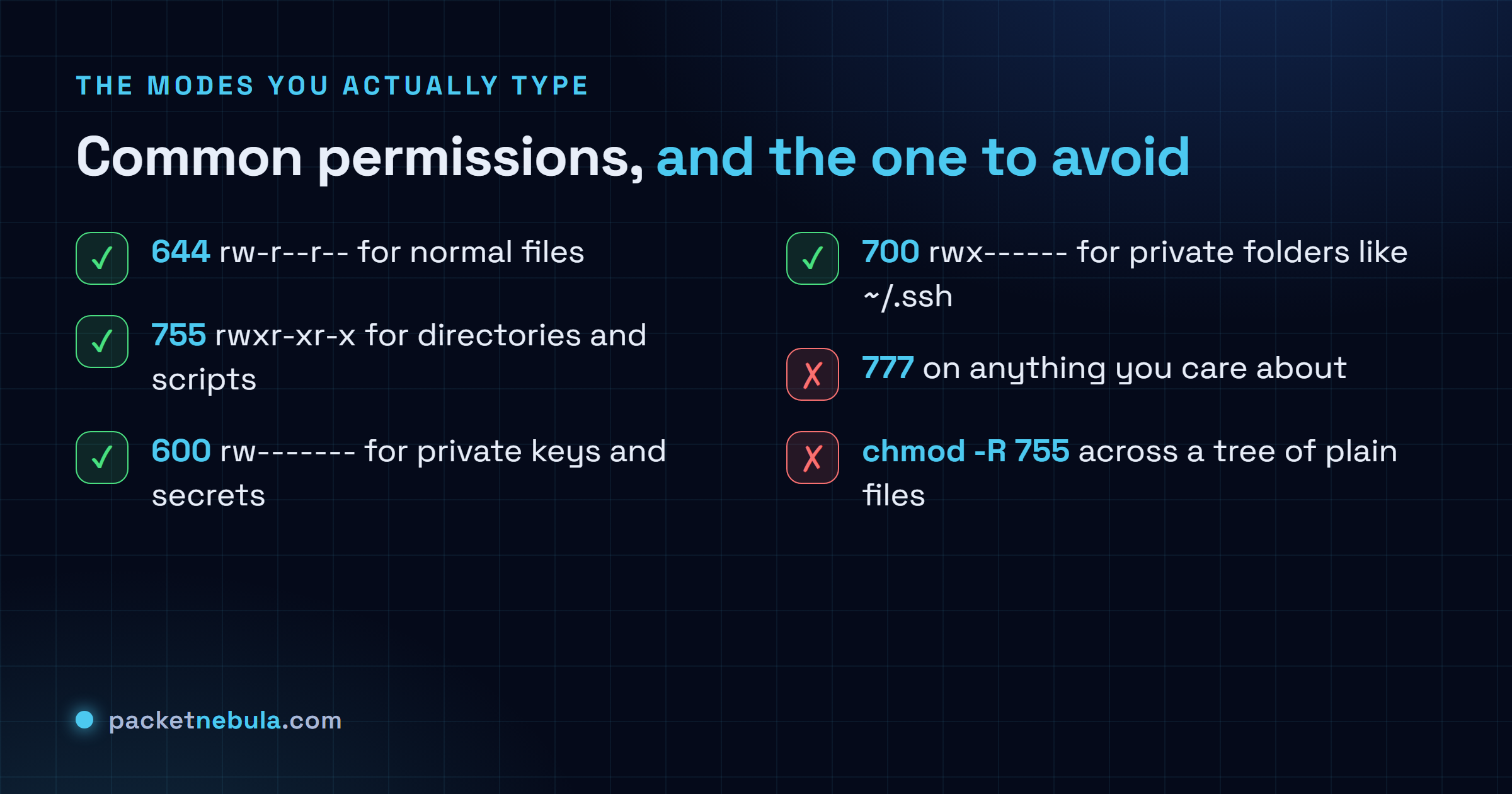 Checklist of common permission modes: 644 for files, 755 for directories and scripts, 600 for private keys, 700 for private folders, and a warning against blanket 777.