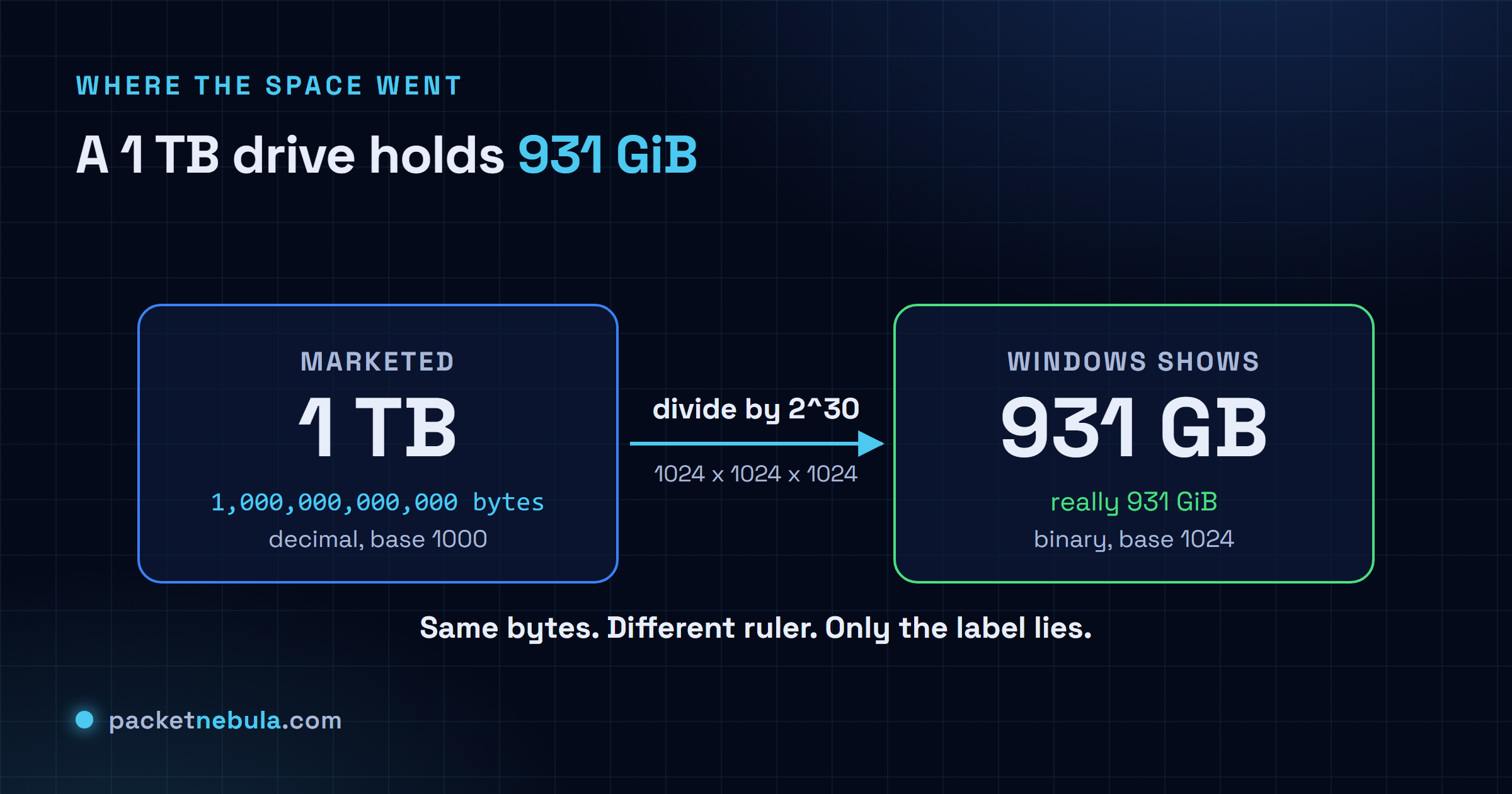 Diagram: a 1 TB drive marketed as 1,000,000,000,000 decimal bytes, divided by 2 to the 30, equals 931 GiB, which Windows displays as 931 GB.