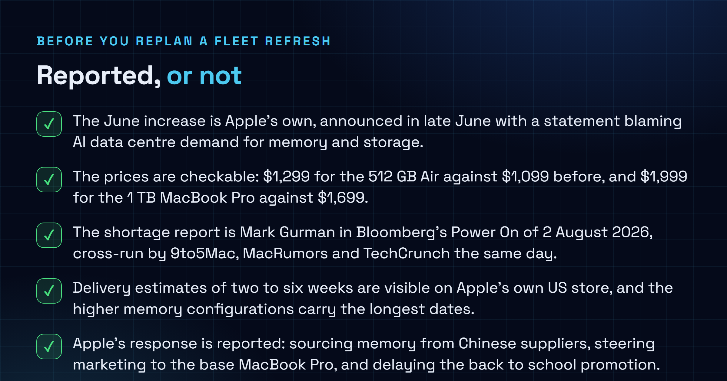 Checklist separating what is reported and attributable about the MacBook Air shortage, including the June price increase, the checkable prices, the Bloomberg report and the Apple store delivery estimates, from what nobody has published, including unit numbers, an end date and any further price rise.