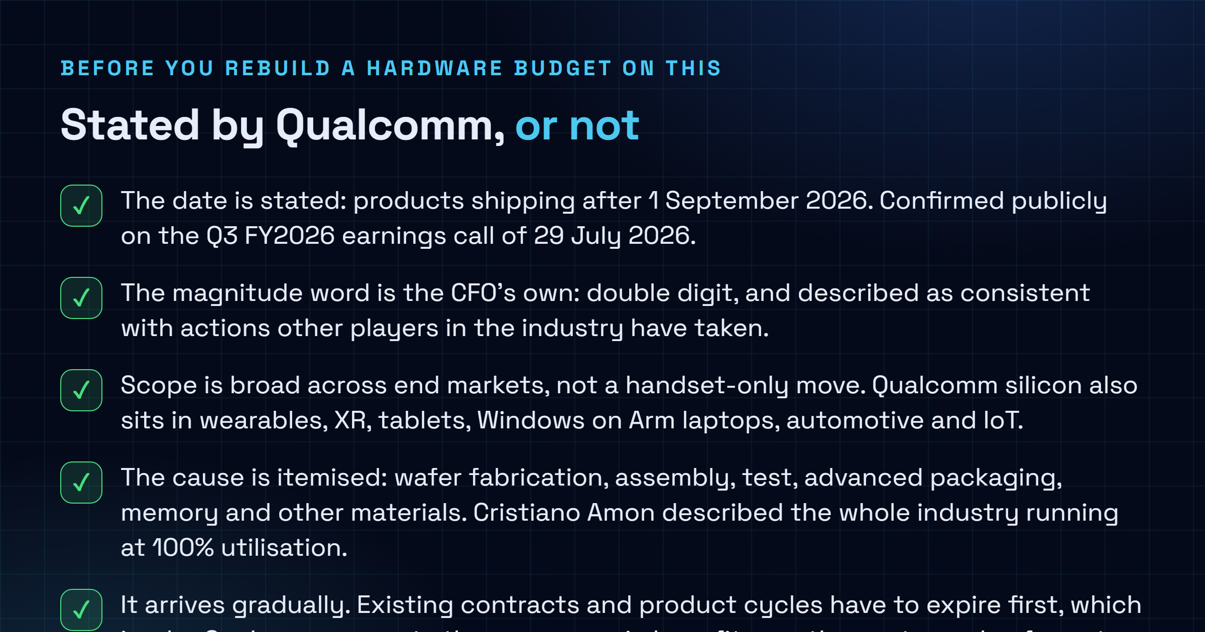 Checklist separating what Qualcomm stated on the record about the September price increase, including the date, the double-digit magnitude, the broad scope and the itemised cost causes, from what remains unpublished, including the exact percentage, the affected product list and whether device makers will pass it on.