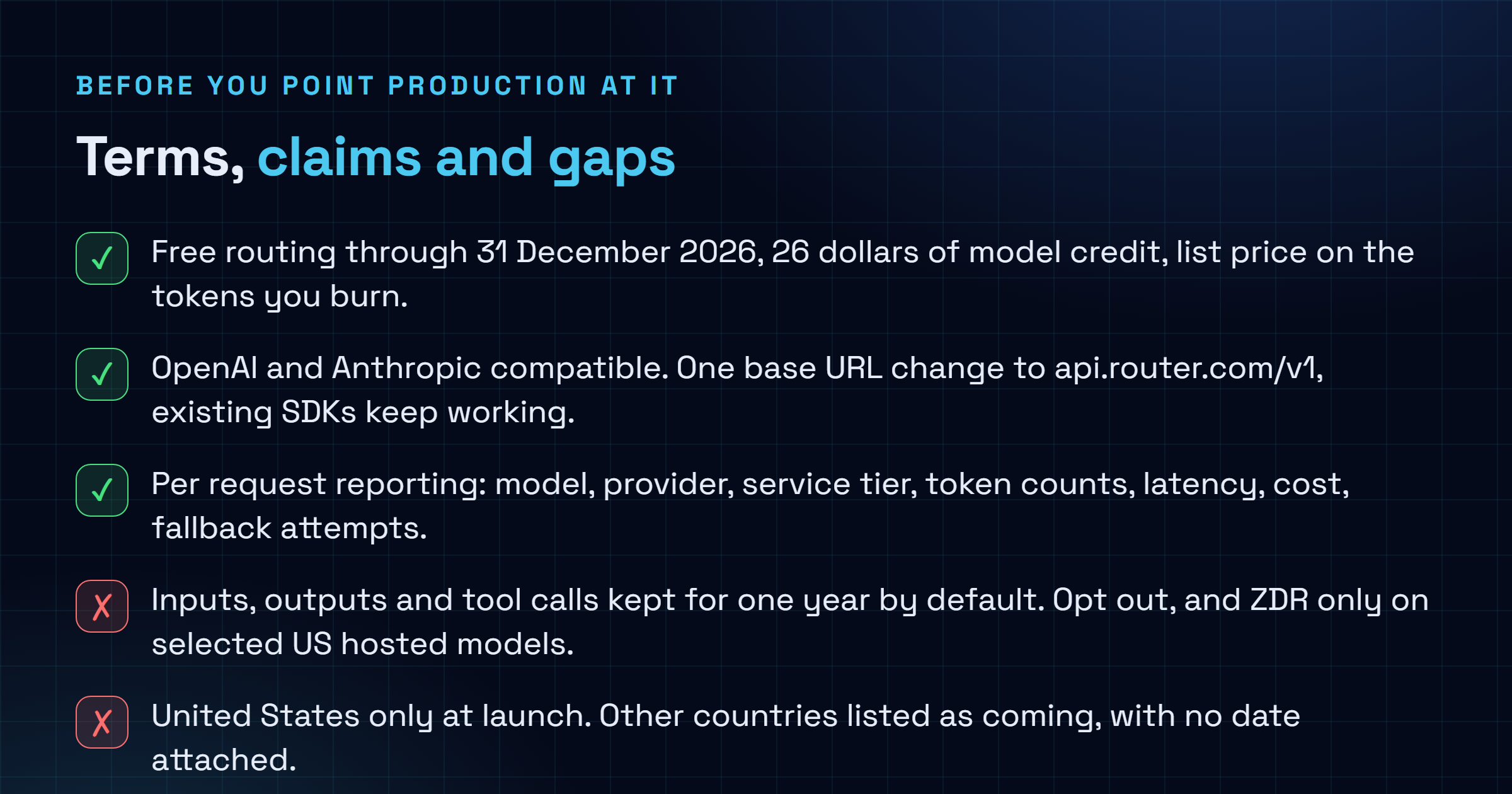 Checklist separating what Ramp confirmed about Router from what remains unpublished, covering the free routing window to the end of 2026, the 26 dollar credit, the OpenAI compatible base URL, the one year default retention of inputs outputs and tool calls, the US only availability, and the missing 2027 pricing and unverified savings methodology.
