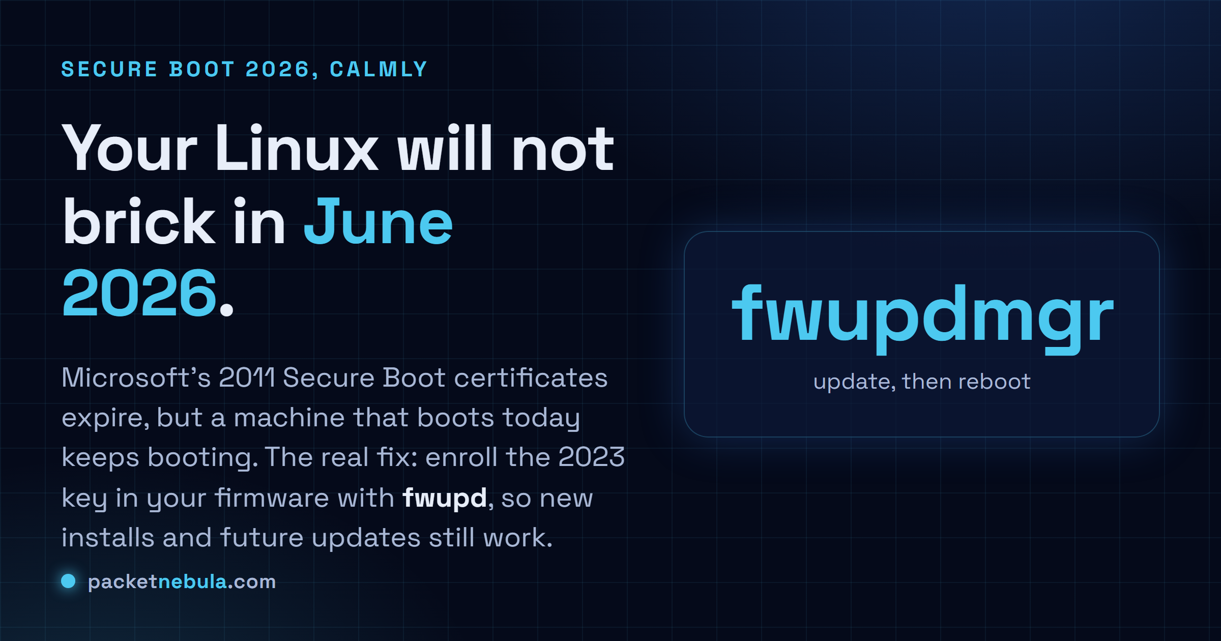 Answer card: Microsoft 2011 Secure Boot certificates expire in 2026 but existing Linux systems keep booting; enroll the 2023 key with fwupd.