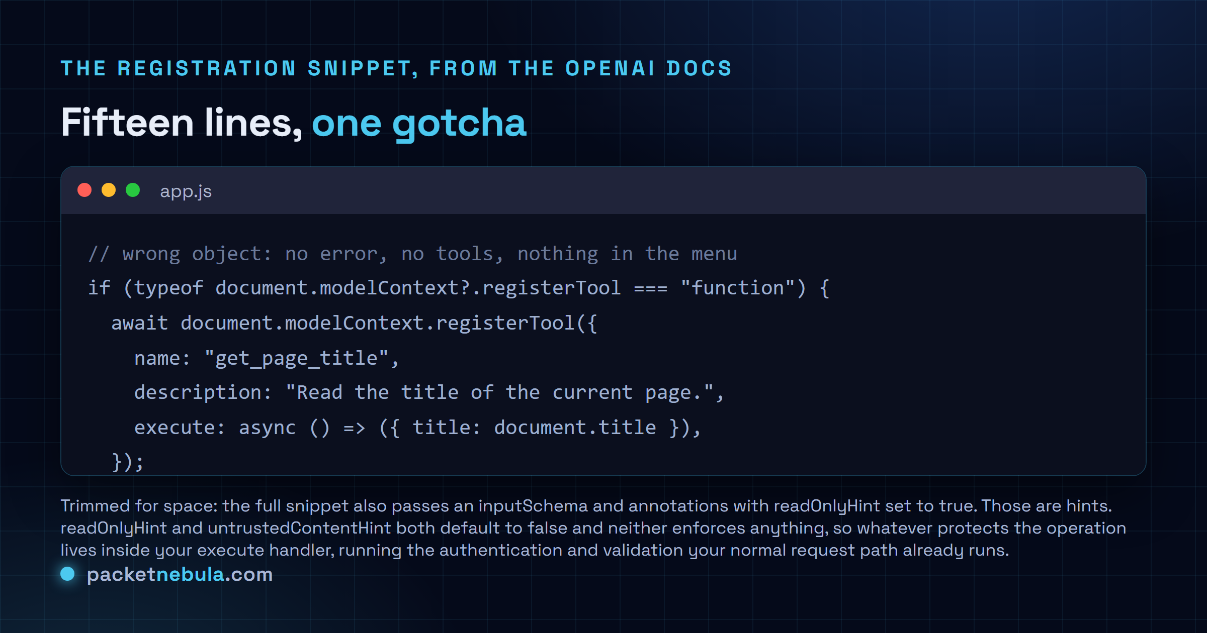 Code figure showing the WebMCP registration snippet from OpenAI's Site tools documentation: a feature check on typeof document.modelContext.registerTool, then an awaited call to document.modelContext.registerTool passing a name of get_page_title, a description, and an async execute handler returning the document title, with a note that the full snippet also passes an inputSchema and annotations with readOnlyHint set to true.