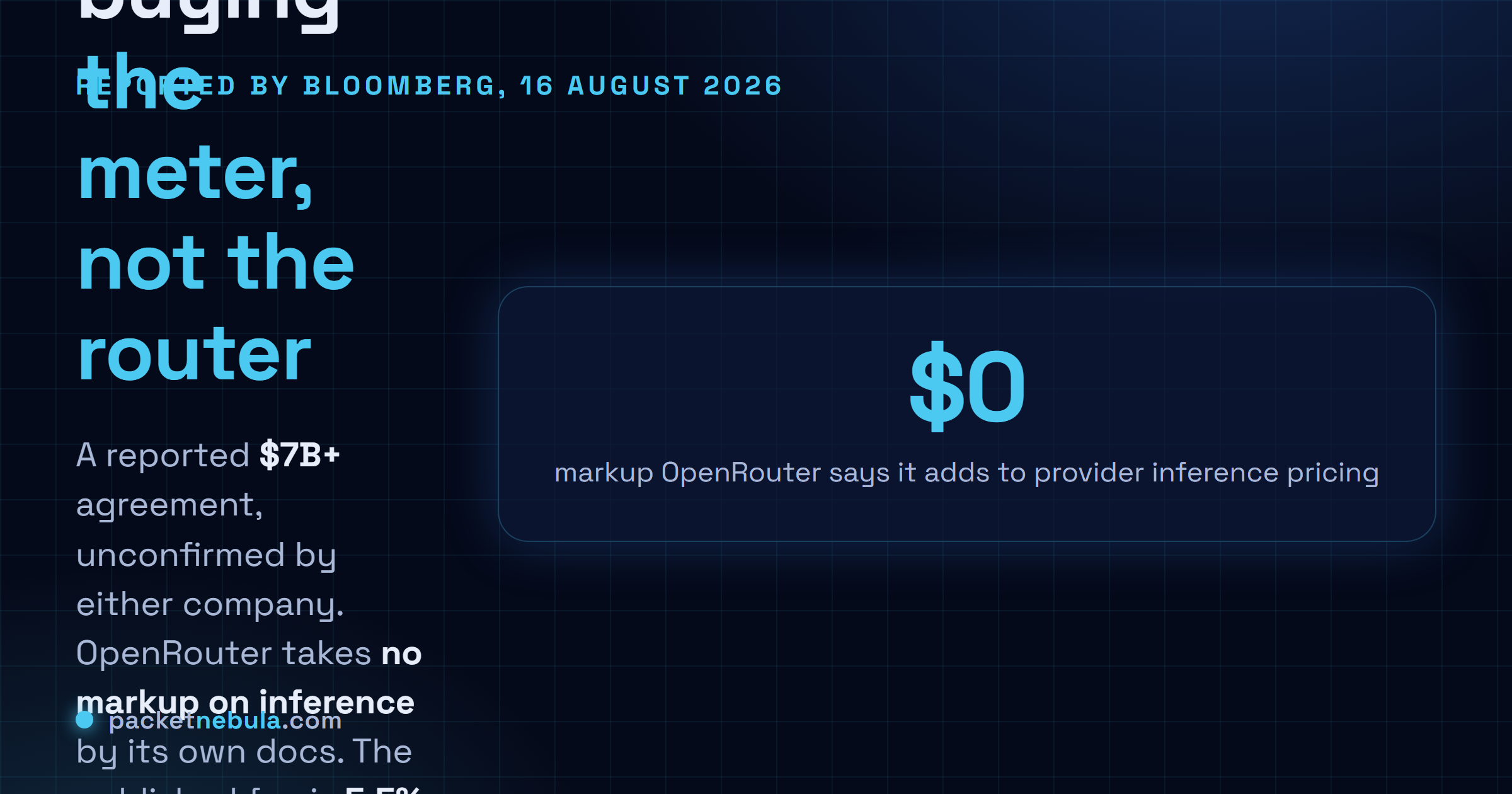 Answer card: Bloomberg reported on 16 August 2026 that Stripe finalised an agreement to acquire OpenRouter for more than 7 billion dollars, neither company has confirmed it and Stripe declined to comment, while OpenRouter's own documentation states no markup on inference pricing and a 5.5 percent fee on credit top ups processed by Stripe.