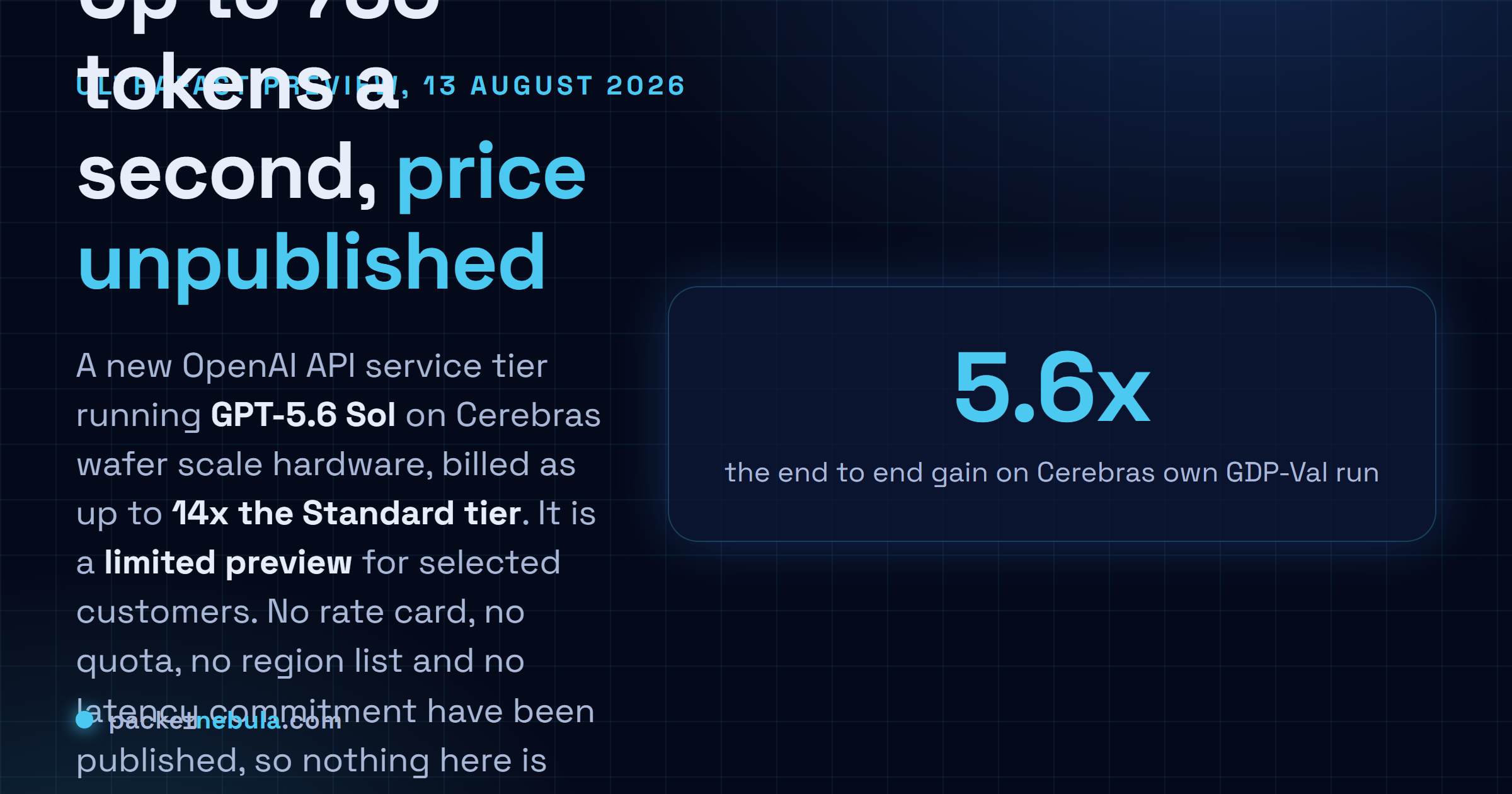 Answer card: OpenAI previewed the Ultrafast service tier on 13 August 2026, running GPT-5.6 Sol on Cerebras hardware at up to 750 output tokens per second and up to 14 times the Standard tier, in limited preview to selected customers with no published price, quota or service level.