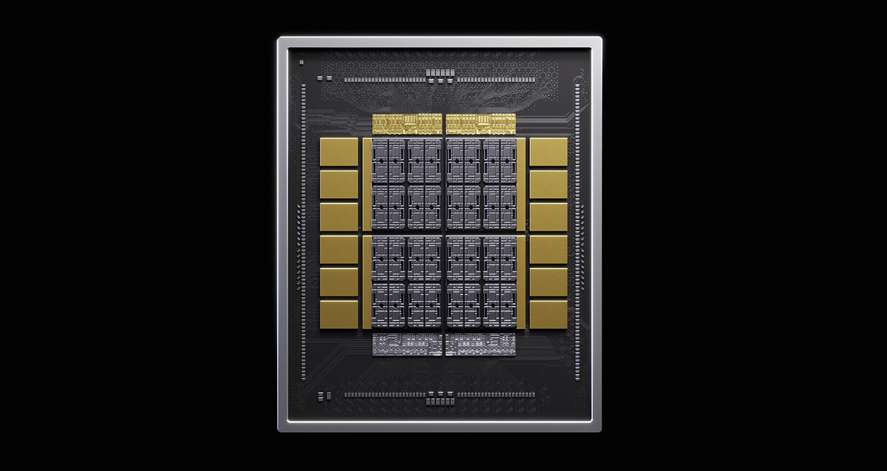 Nvidia render of an AI accelerator package on a black background, showing a silver metal lid frame around a central grid of dark compute dies flanked on both sides by six gold high bandwidth memory stacks, with fine interposer routing visible across the substrate.