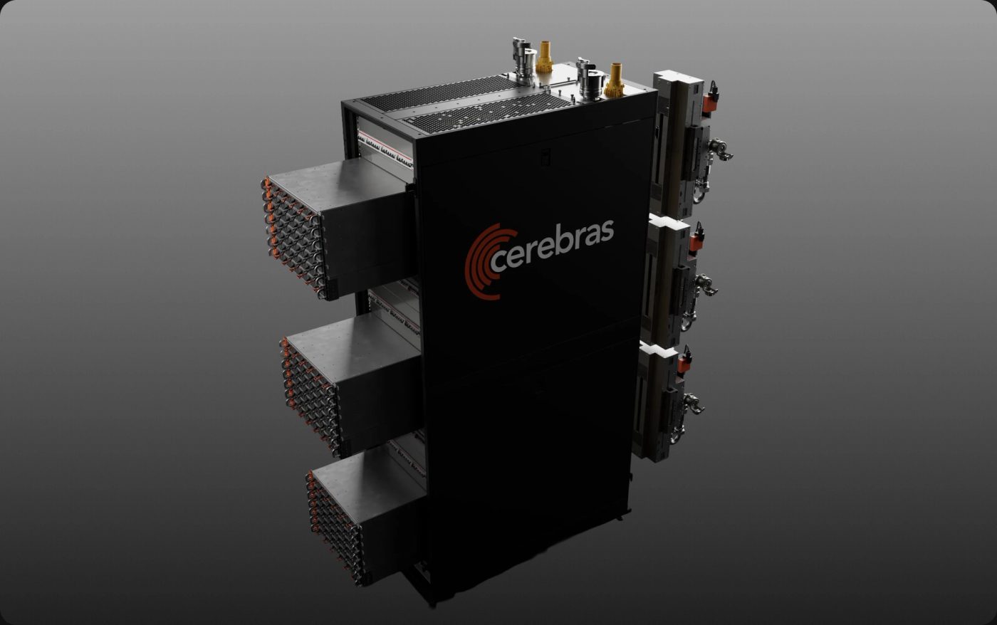 Cerebras CS-4 rack render: a black cabinet bearing the Cerebras logo, with three horizontal Wafer-Scale Backpack modules pulled partway out of its left flank, each dense with orange-tipped connectors, and power and liquid cooling hardware mounted on the right.