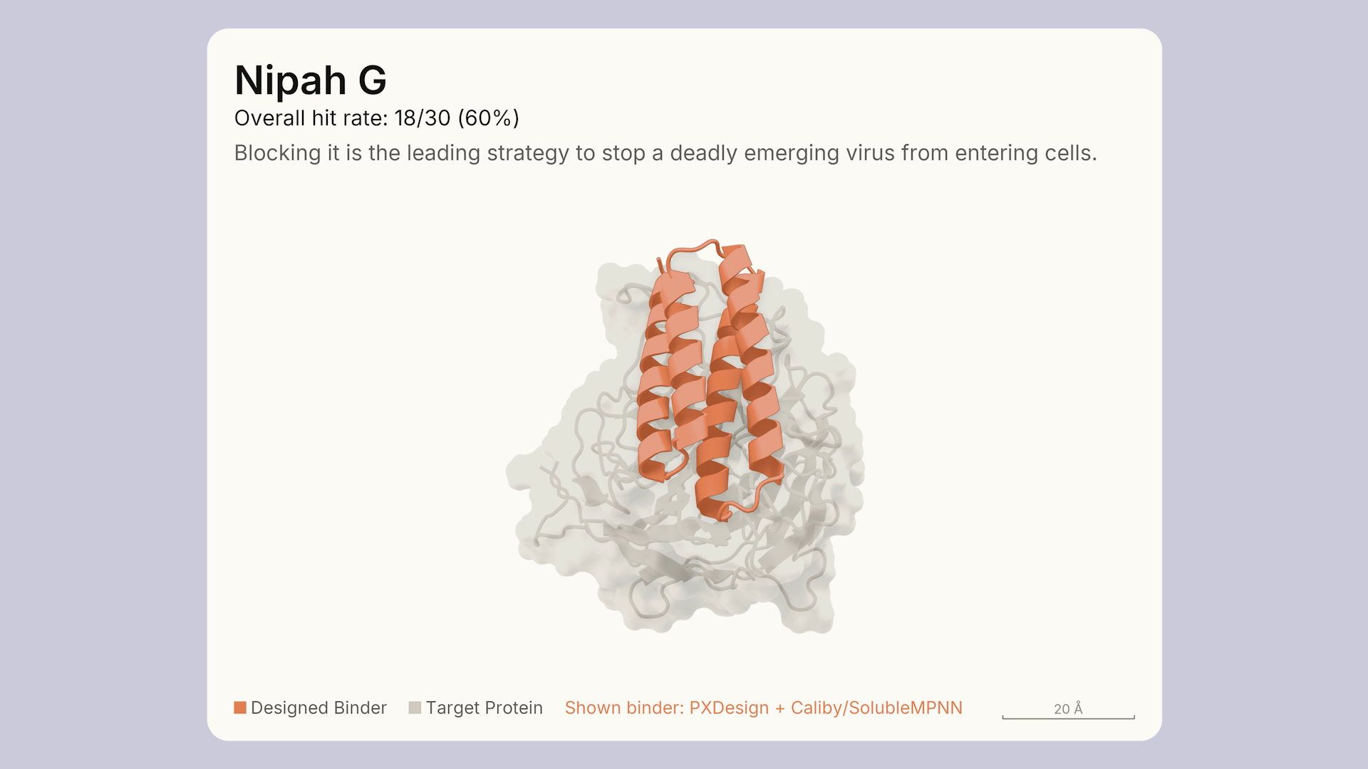 Still frame from the Claude Fable 5.1 launch video showing model-designed protein binders in orange docked against twelve grey target proteins, rendered as ESMFold2 structure predictions.