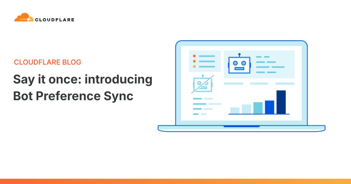 Cloudflare blog announcement card headed Say it once, introducing Bot Preference Sync, with a laptop illustration showing a dashboard containing a robot icon, a crossed out robot icon and a bar chart.
