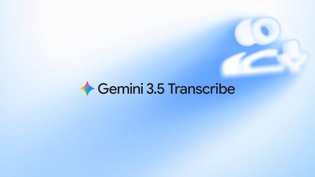 Google official announcement card for Gemini 3.5 Transcribe, the model name set in black beside the four point Gemini spark on a pale blue gradient, with a blurred white sound wave motif in the upper right corner.