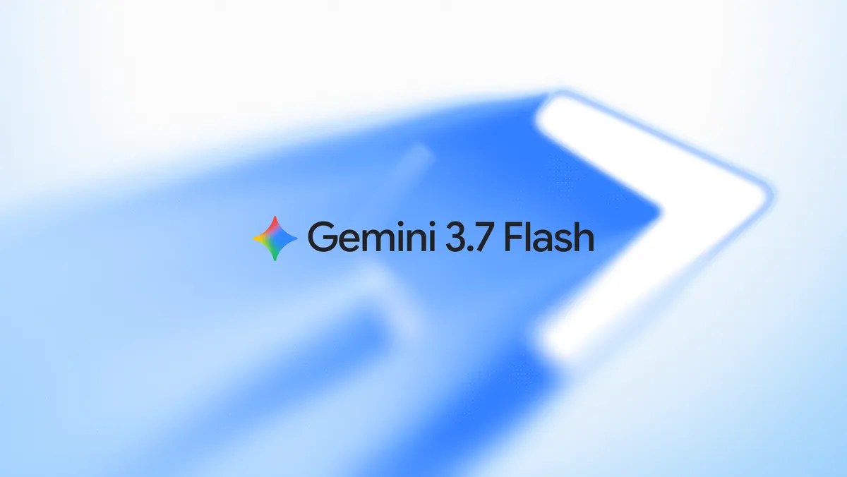 Google's official announcement image for Gemini 3.7 Flash: the Gemini spark mark rendered in blue and purple gradient light against a dark background.