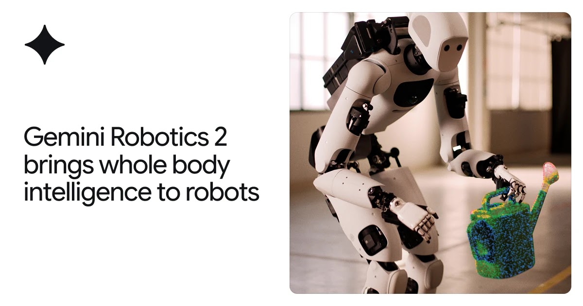Google DeepMind announcement image for Gemini Robotics 2 showing an Apollo humanoid robot crouching to grasp a green watering can rendered with a point cloud overlay, beside the headline Gemini Robotics 2 brings whole body intelligence to robots.