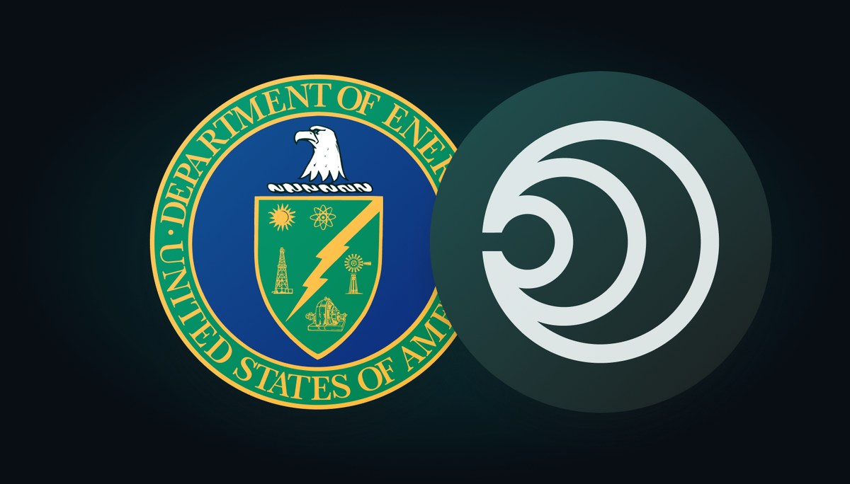 The Department of Energy seal next to the Arcee AI mark on a teal field, from the Genesis-Science-1 announcement.