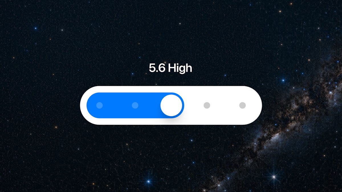 Official OpenAI launch artwork for the ChatGPT update: a large white pill-shaped slider on a starfield, its blue fill stopping at the third of five stops, labelled 5.6 High.