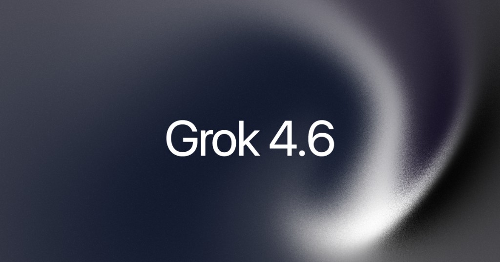 The official xAI announcement card for Grok 4.6: the words Grok 4.6 in white type, centred on a dark grey and navy gradient with a pale swirl of light sweeping through the right side.
