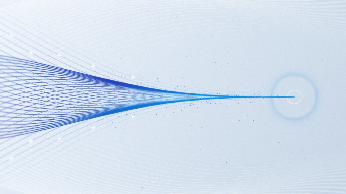 Official Meta launch artwork for Muse Code and Muse Spark 1.2: a fan of blue lines on a pale background converging into one line that ends inside a small ring.