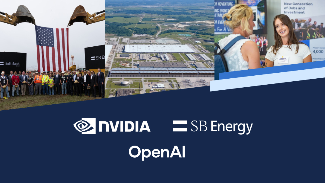 Official joint announcement card from SB Energy showing three photographs across the top, a groundbreaking ceremony with excavators holding a large US flag over a group in hard hats beside SoftBank and SB Energy banners, an aerial view of a large industrial campus, and two women at a community jobs event, above a dark navy panel carrying the NVIDIA, SB Energy and OpenAI logos.