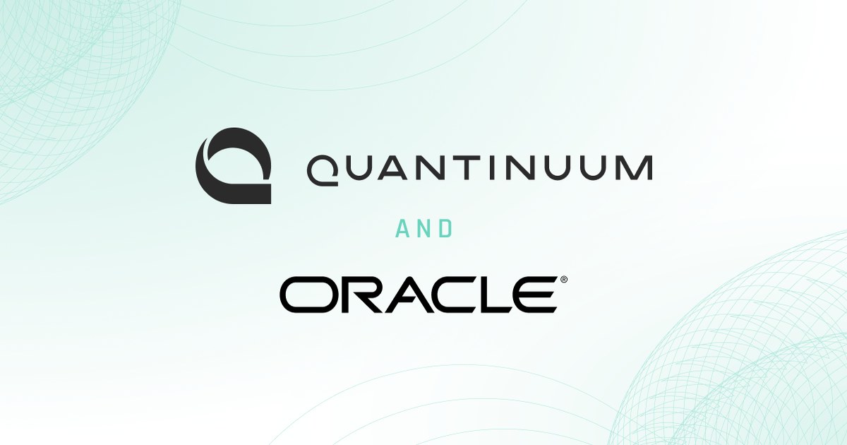 Official Quantinuum announcement card for the Oracle partnership: the Quantinuum wordmark and logo above the word AND in mint green, with the Oracle logo below, set on a pale mint background with faint wireframe globe arcs in the corners.