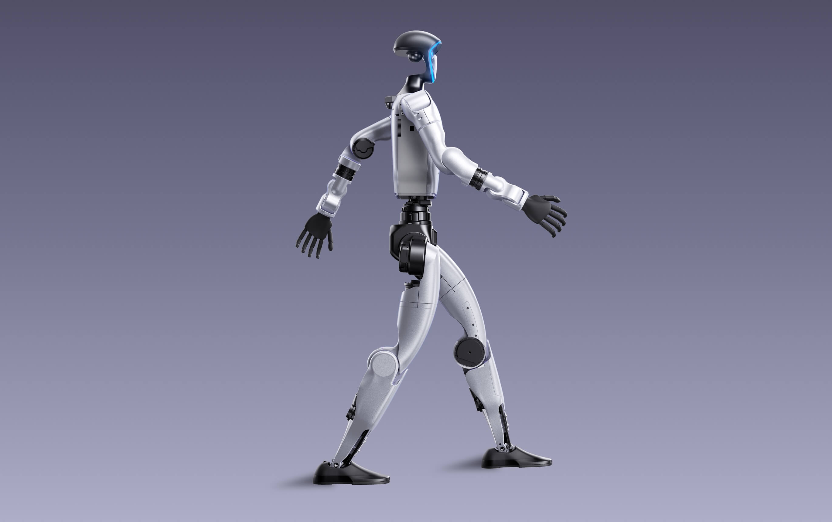 Official Unitree product render of a silver and black G1 humanoid robot mid stride against a plain grey backdrop, arms swinging and one foot lifted.