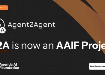 Official Agentic AI Foundation announcement card on a dark background: a NEW PROJECT badge, the Agent2Agent logo of three lettered circles, the headline A2A is now an AAIF Project, and the Agentic AI Foundation wordmark.