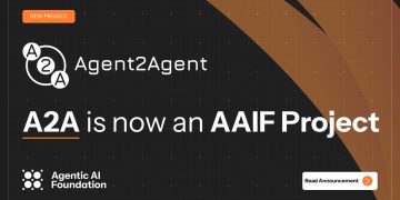Official Agentic AI Foundation announcement card on a dark background: a NEW PROJECT badge, the Agent2Agent logo of three lettered circles, the headline A2A is now an AAIF Project, and the Agentic AI Foundation wordmark.