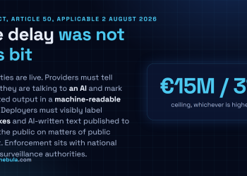 Answer card: Article 50 of the EU AI Act became applicable on 2 August 2026, covering AI interaction disclosure, machine-readable marking of generative output, deepfake labelling and AI-generated public interest text, with fines up to 15 million euros or 3 percent of worldwide turnover.