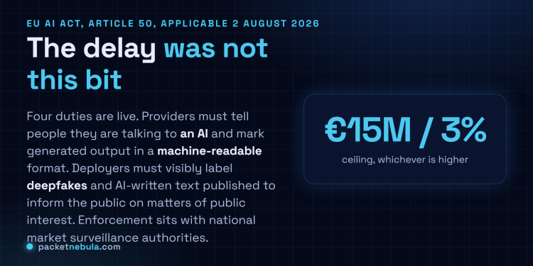 Answer card: Article 50 of the EU AI Act became applicable on 2 August 2026, covering AI interaction disclosure, machine-readable marking of generative output, deepfake labelling and AI-generated public interest text, with fines up to 15 million euros or 3 percent of worldwide turnover.