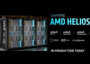 AMD launch slide for Helios showing a row of AMD Helios racks with the EPYC, Instinct, Pensando and ROCm logos and the words In Production Today.