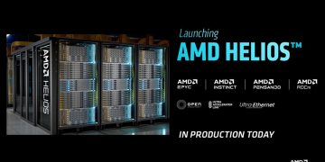 AMD launch slide for Helios showing a row of AMD Helios racks with the EPYC, Instinct, Pensando and ROCm logos and the words In Production Today.