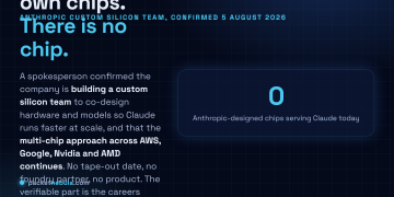 Answer card: on 5 August 2026 Anthropic confirmed it is building an in-house custom silicon team to co-design chips and Claude models, while keeping its multi-chip approach across AWS, Google, Nvidia and AMD, with no tape-out date, no foundry partner and no product announced.