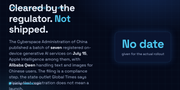 Answer card: the Cyberspace Administration of China published seven registered on-device generative AI services on July 15 2026, Apple Intelligence among them with Alibaba Qwen handling text and images, but no launch date was given.