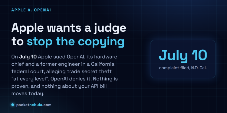 Answer card: Apple sued OpenAI, its hardware chief Tang Tan and former engineer Chang Liu in a California federal court on July 10, alleging trade secret theft at every level. OpenAI denies it and nothing is proven.