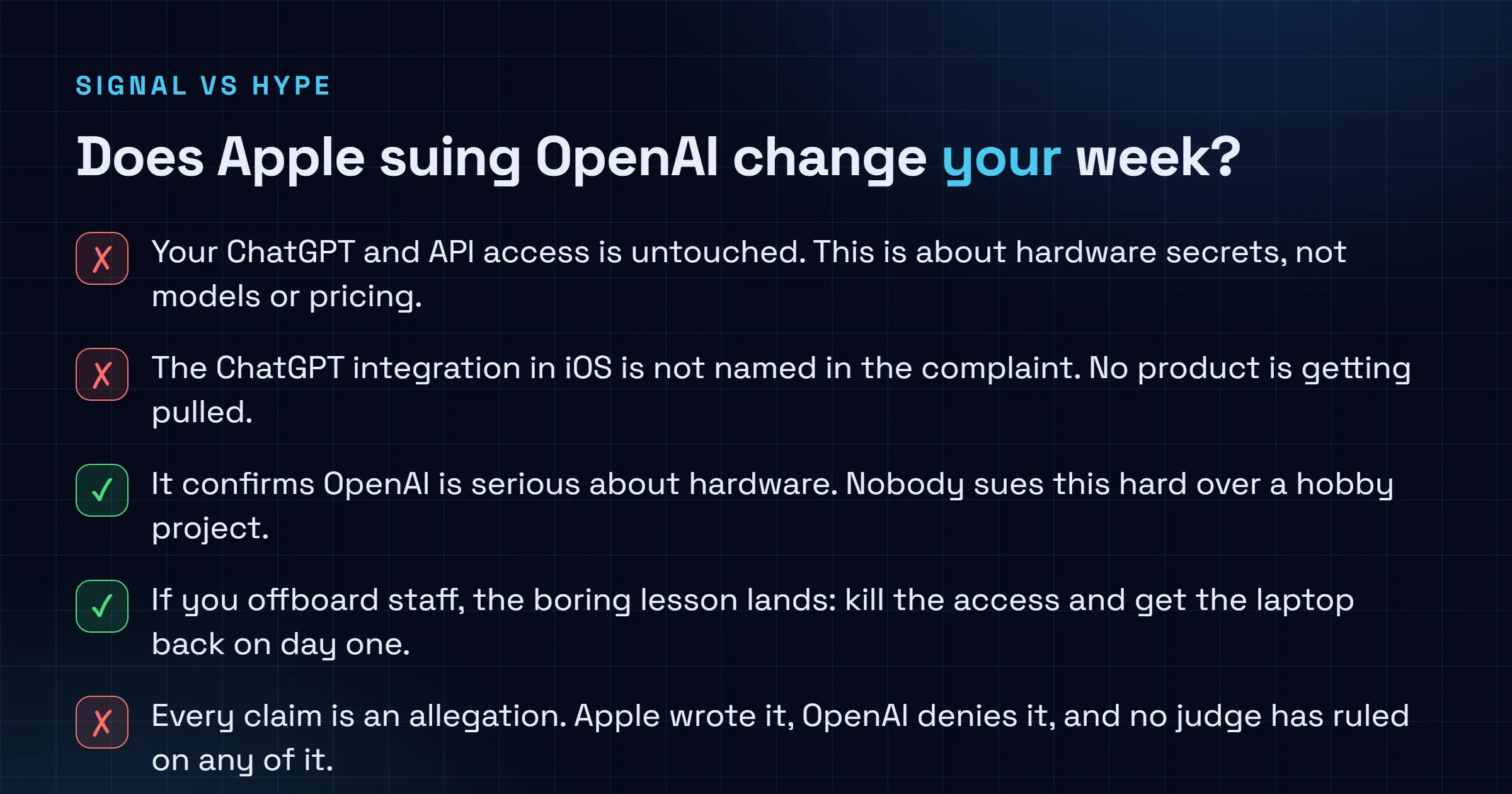 Checklist: your ChatGPT and API access is untouched, the iOS integration is not named, the suit confirms OpenAI is serious about hardware, the offboarding lesson is real, and every claim is still an allegation.