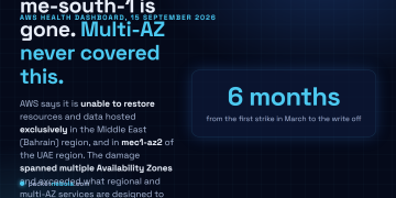 Answer card stating that on 15 September 2026 AWS said it is unable to restore access to resources and data hosted exclusively in the Middle East Bahrain region me-south-1 and in the mec1-az2 zone of the UAE region, because the damage spanned multiple Availability Zones and exceeded what multi-AZ services are designed to withstand.