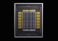 Nvidia render of an AI accelerator package on a black background, showing a silver metal lid frame around a central grid of dark compute dies flanked on both sides by six gold high bandwidth memory stacks, with fine interposer routing visible across the substrate.