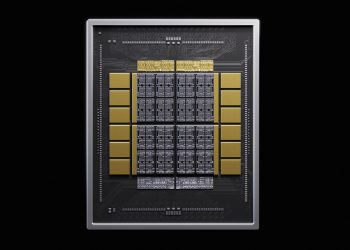 Nvidia render of an AI accelerator package on a black background, showing a silver metal lid frame around a central grid of dark compute dies flanked on both sides by six gold high bandwidth memory stacks, with fine interposer routing visible across the substrate.