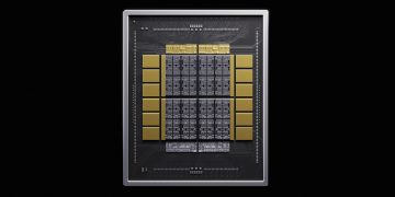 Nvidia render of an AI accelerator package on a black background, showing a silver metal lid frame around a central grid of dark compute dies flanked on both sides by six gold high bandwidth memory stacks, with fine interposer routing visible across the substrate.