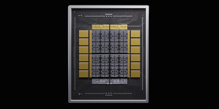 Nvidia render of an AI accelerator package on a black background, showing a silver metal lid frame around a central grid of dark compute dies flanked on both sides by six gold high bandwidth memory stacks, with fine interposer routing visible across the substrate.